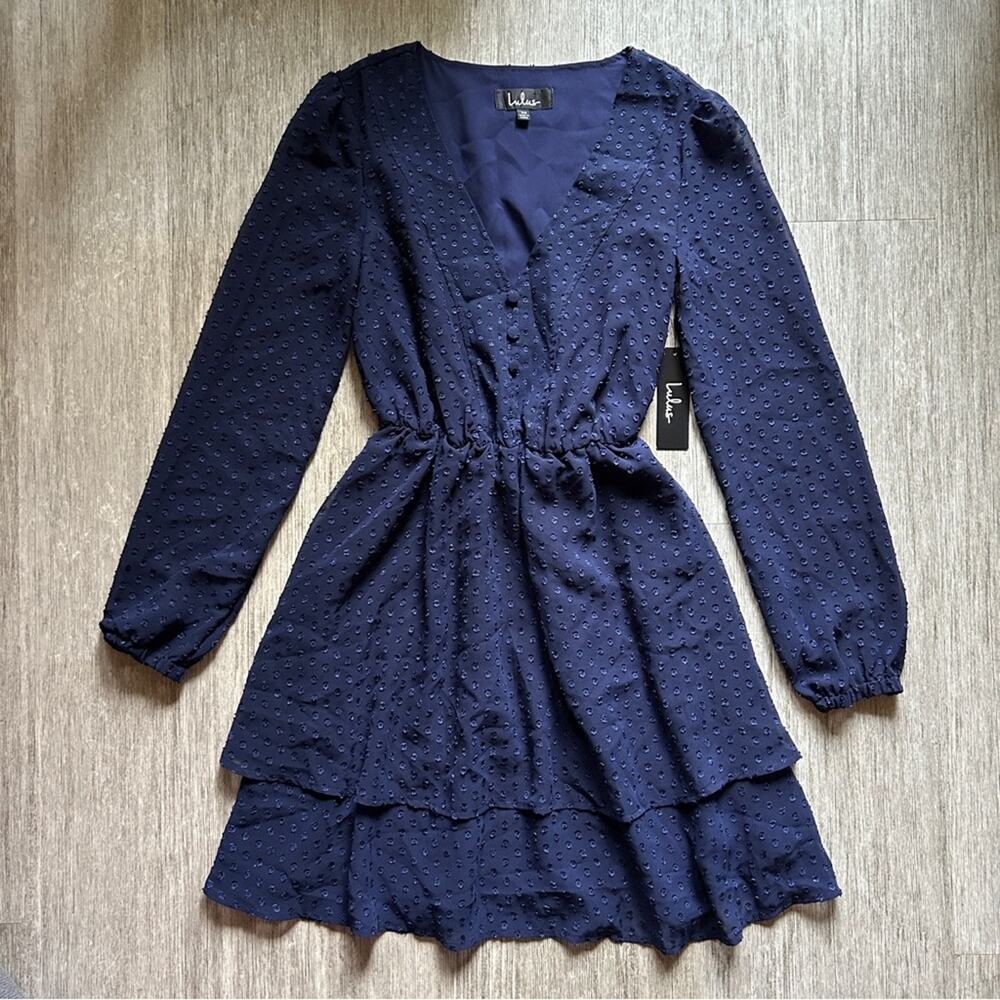 Lulu's Navy Blue Textured Polka Dot V-Neck Long Sleeve Tier A-Line Dress Size XS